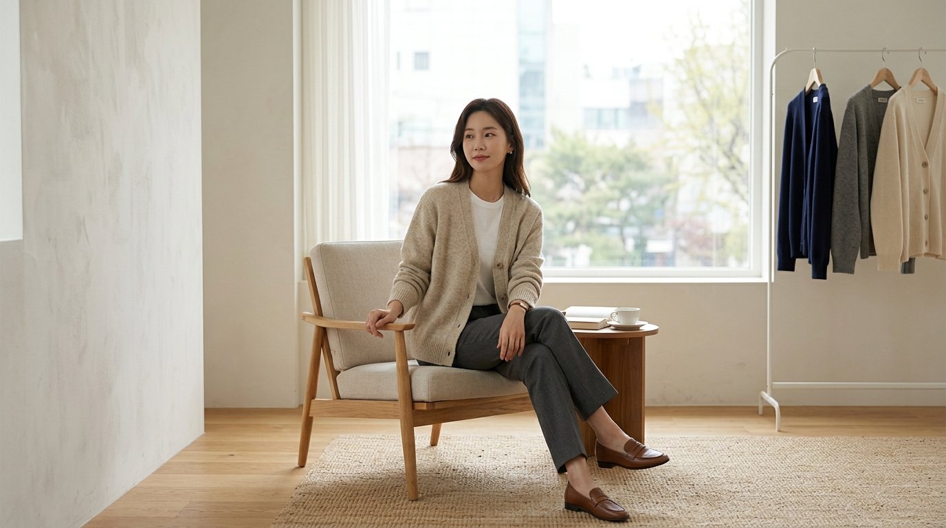 여러 기본 가디건이 옷장에 걸려 있는 모습.