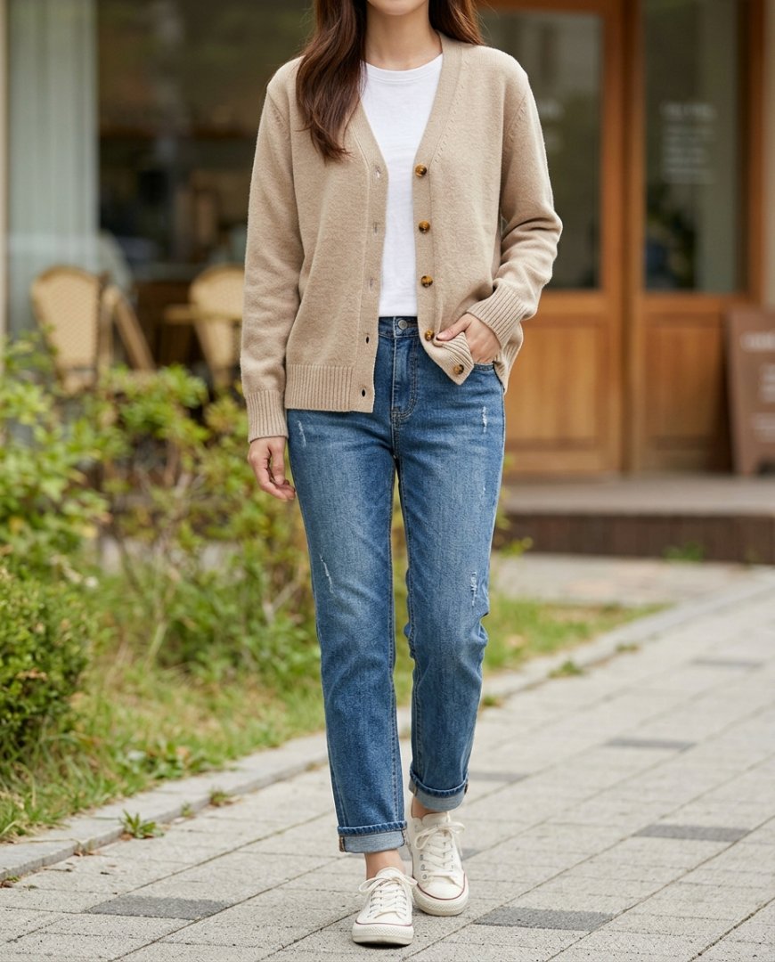데님 팬츠와 기본 가디건이 함께 놓인 장면.