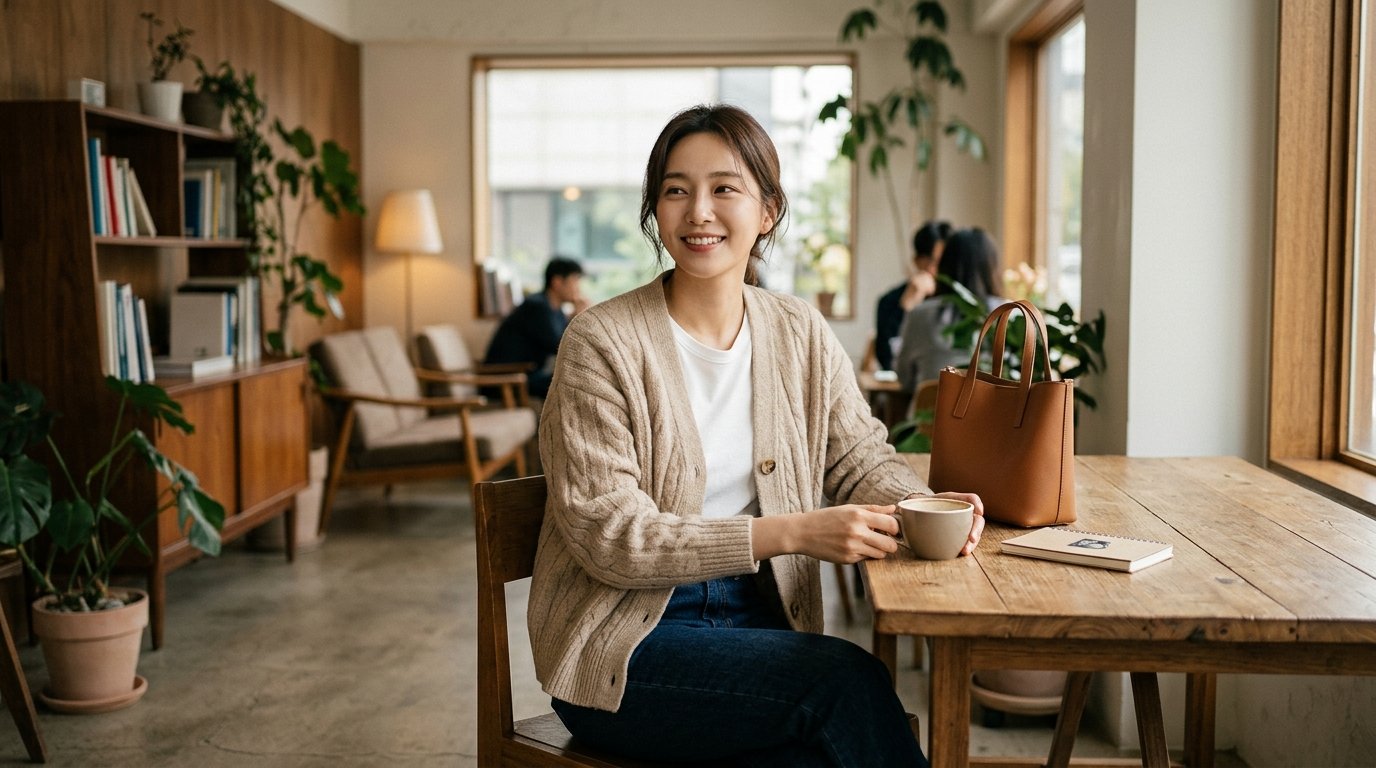 여러 색상의 가디건이 테이블 위에 놓여 있음