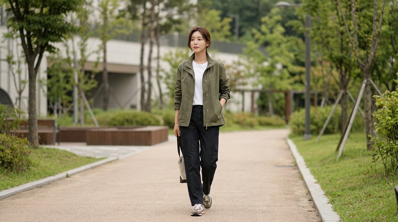 도심 속 여유롭게 걷고 있는 캐주얼 점퍼 착장