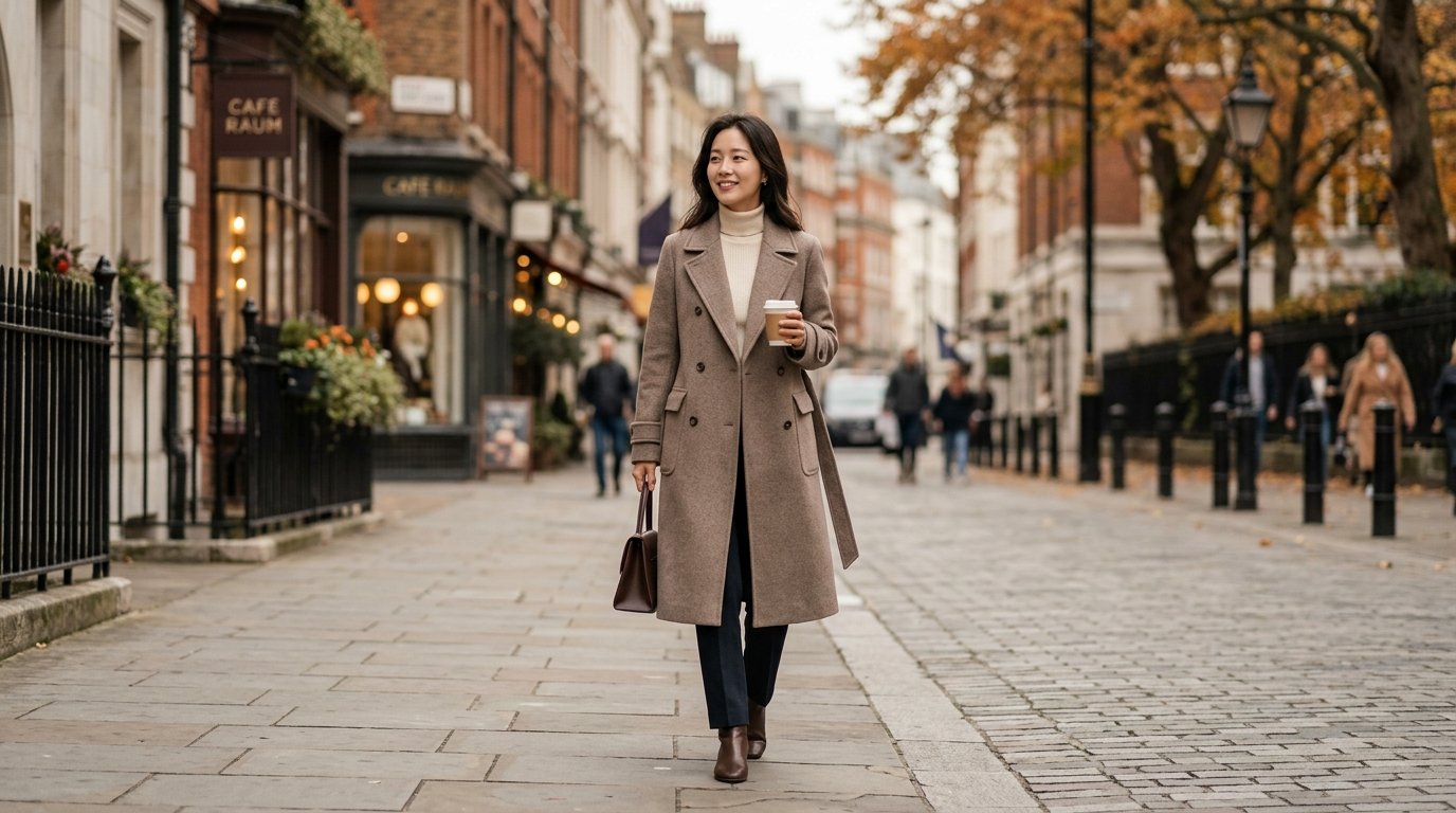 도심 속 다양한 스타일의 코트 연출을 보여주는 장면