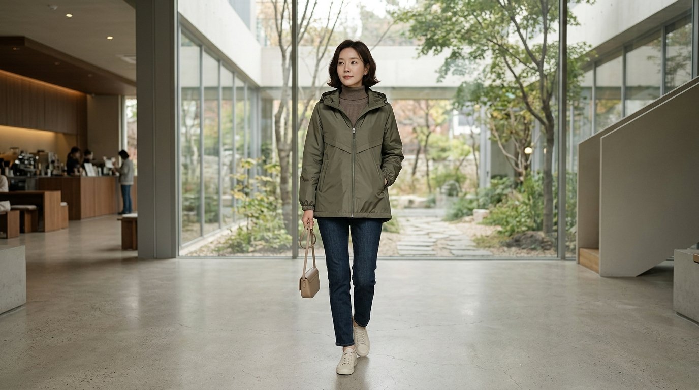 다양한 색상의 라움 점퍼가 쇼룸에 걸려 있는 모습