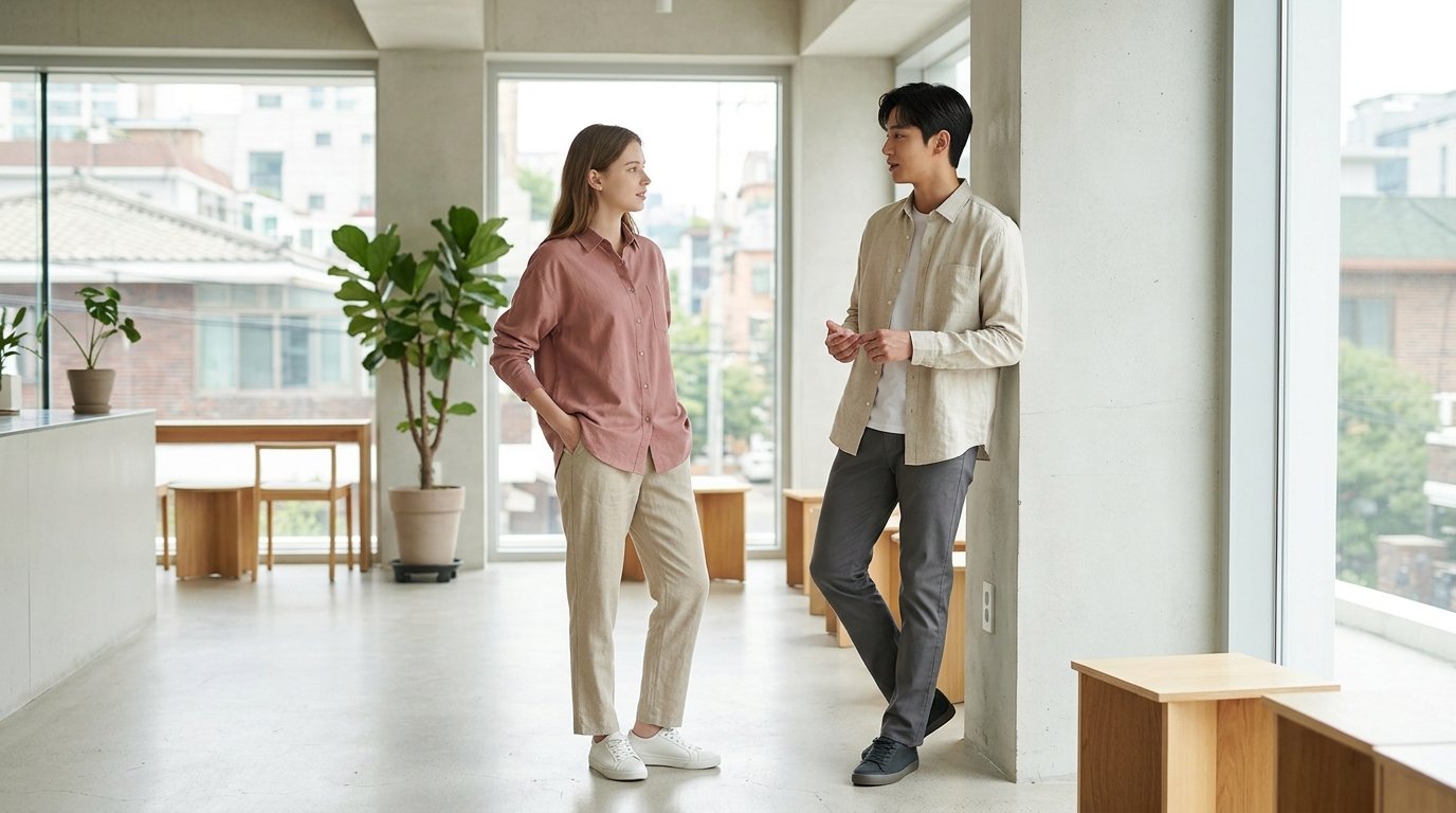 라움 긴팔캐주얼셔츠를 다양하게 레이어링한 모습입니다.