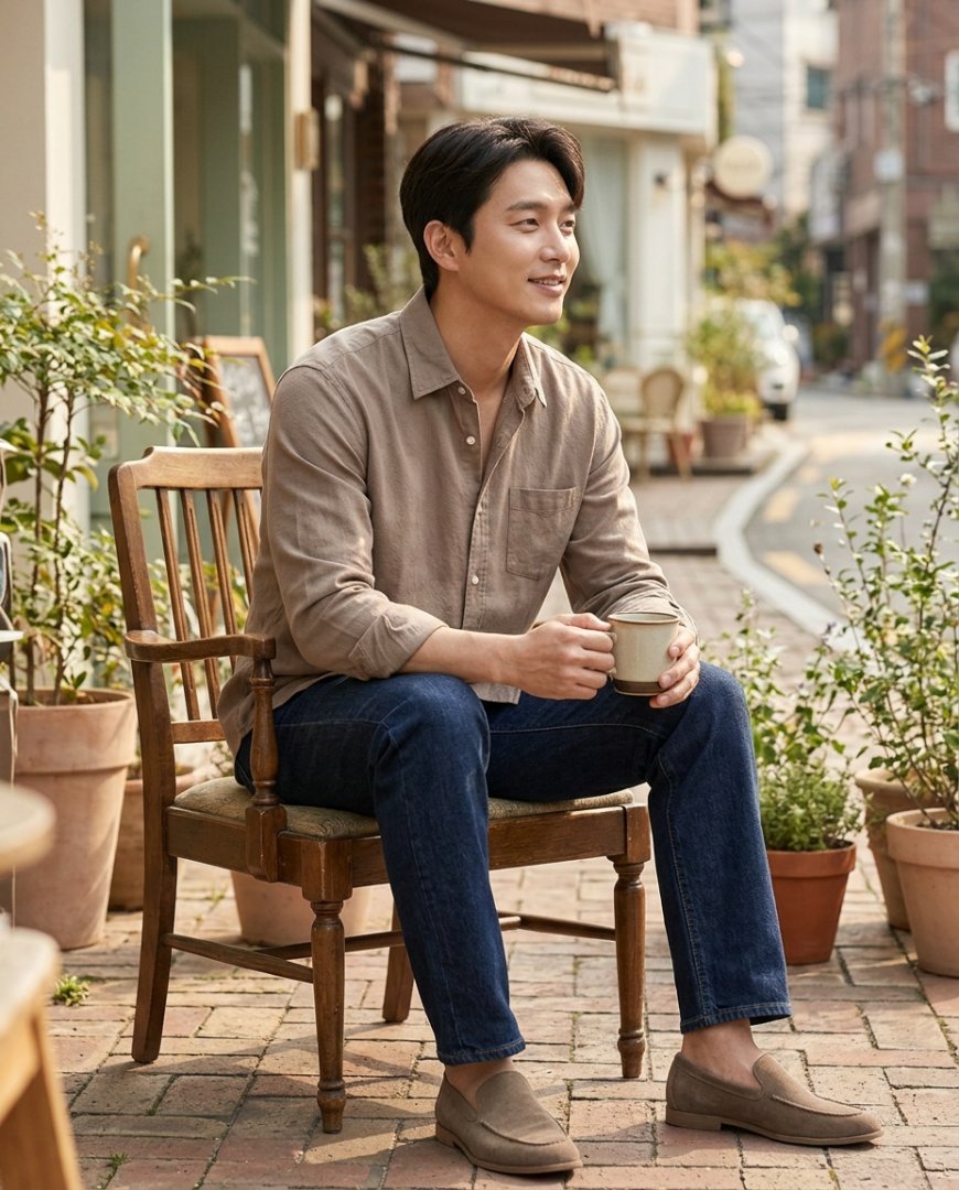 긴팔셔츠와 데님을 매치한 주말 캐주얼 스타일