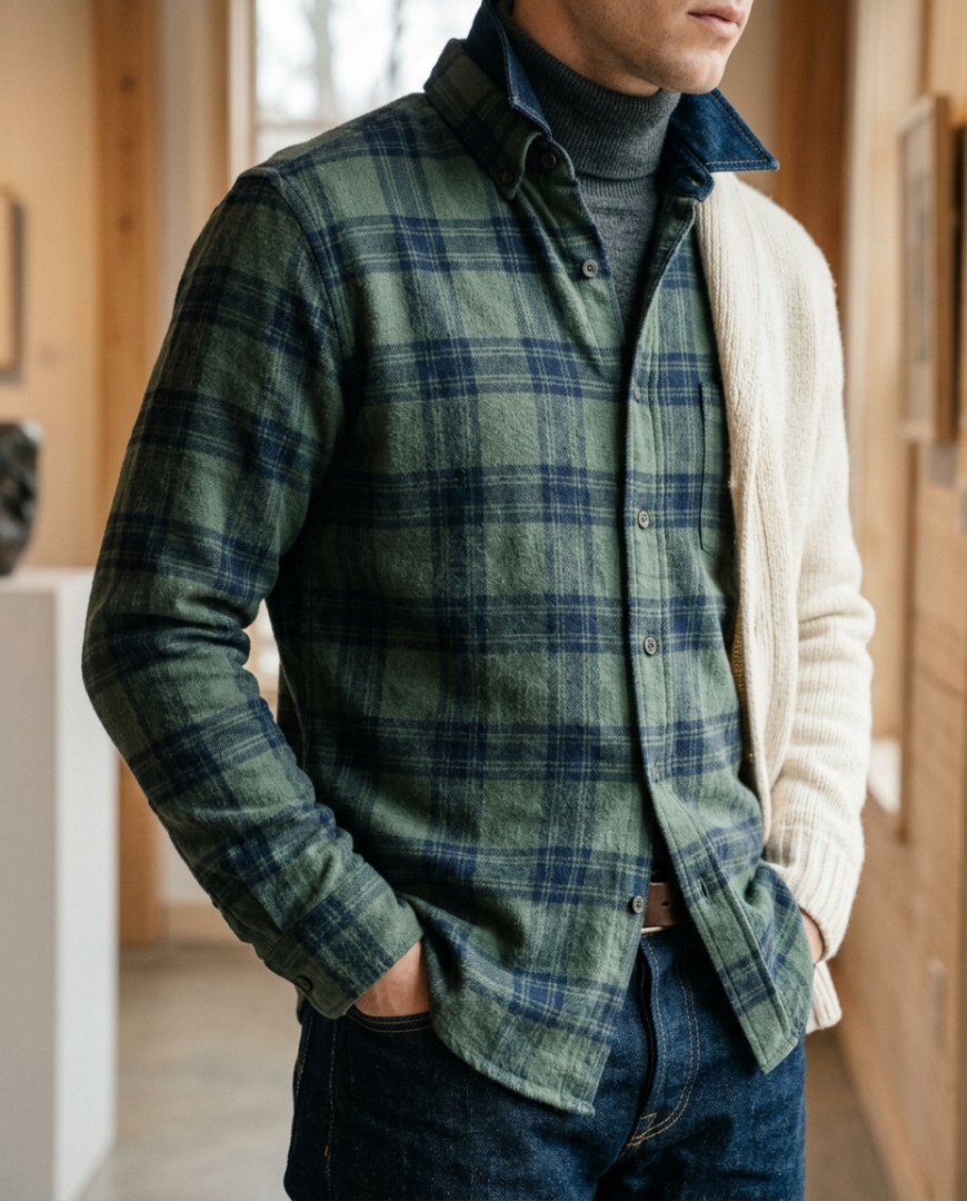 울 코트와 셔츠를 겹쳐 입은 겨울 패션
