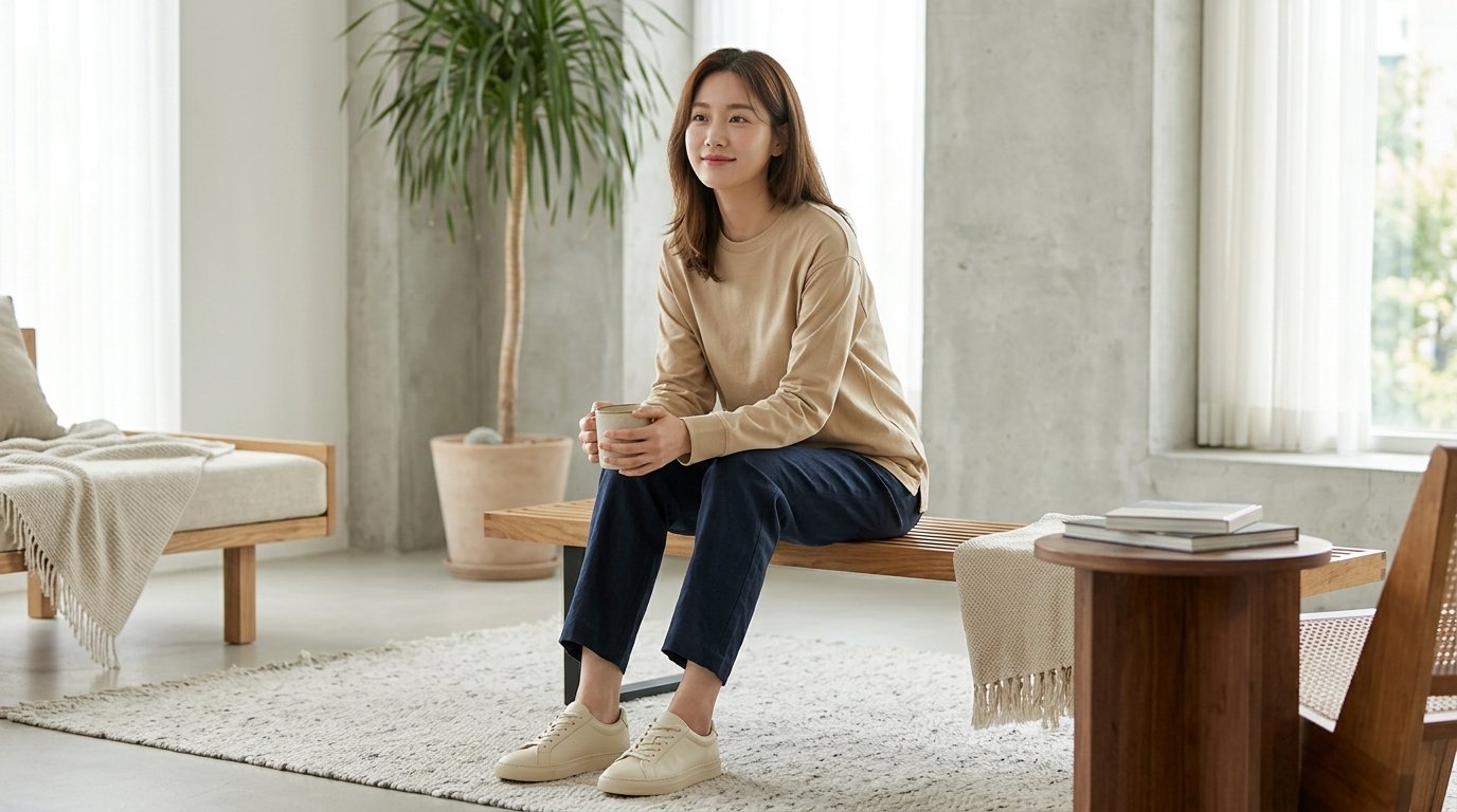 도시 거리를 걷는 사람들이 다양한 긴팔티셔츠를 입고 있는 모습