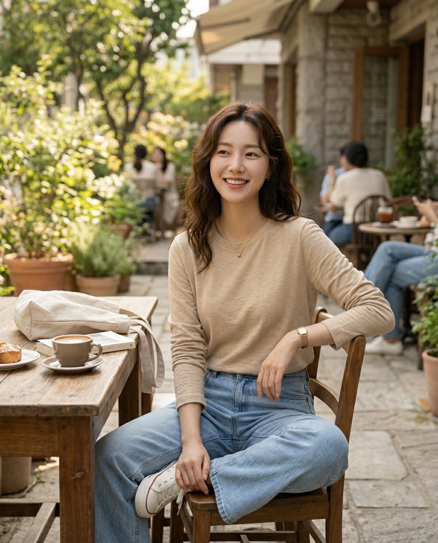 카페 테라스에서 긴팔티셔츠와 데님을 입고 대화하는 모습