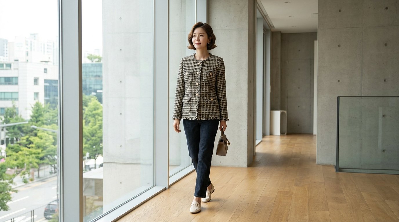 트위드 자켓을 입은 사람들이 도심을 걷고 있습니다.