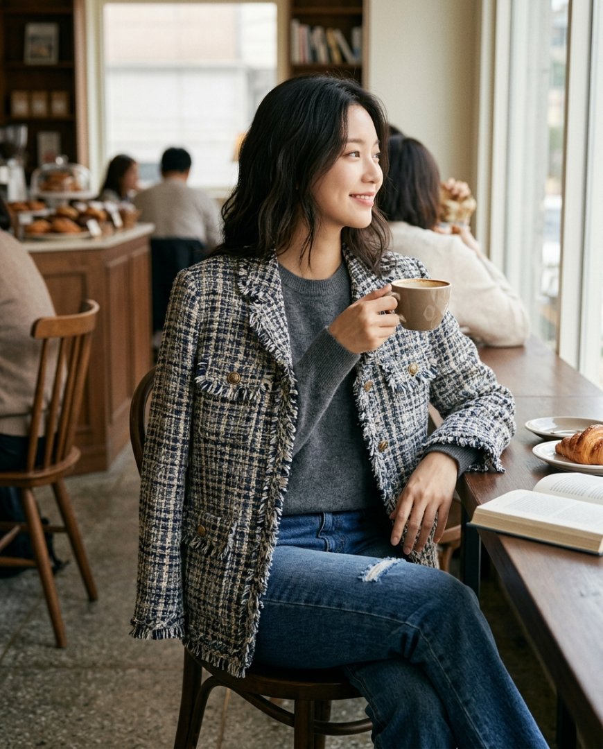 카페에서 데님과 트위드 자켓을 입고 있는 모습입니다.