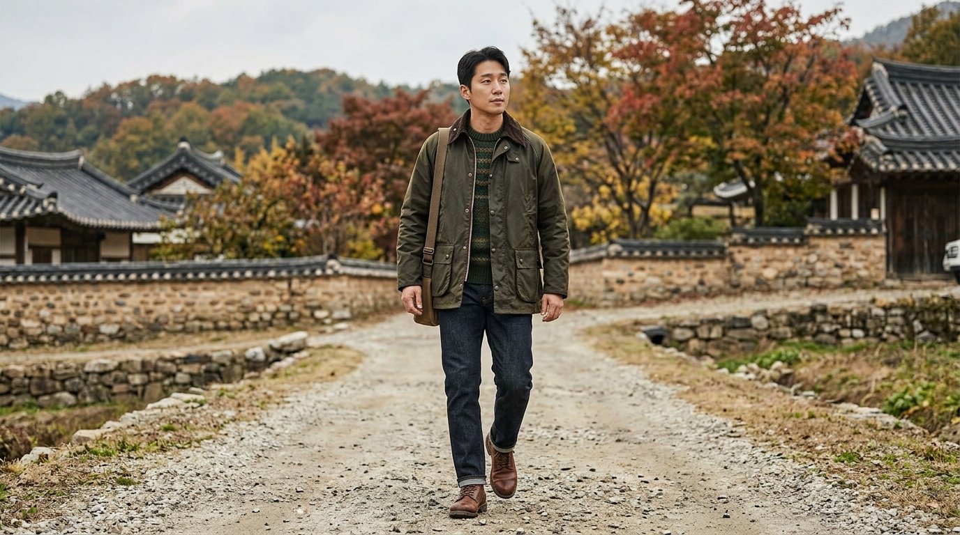 도시 거리에서 바버 자켓을 입고 걷는 남녀