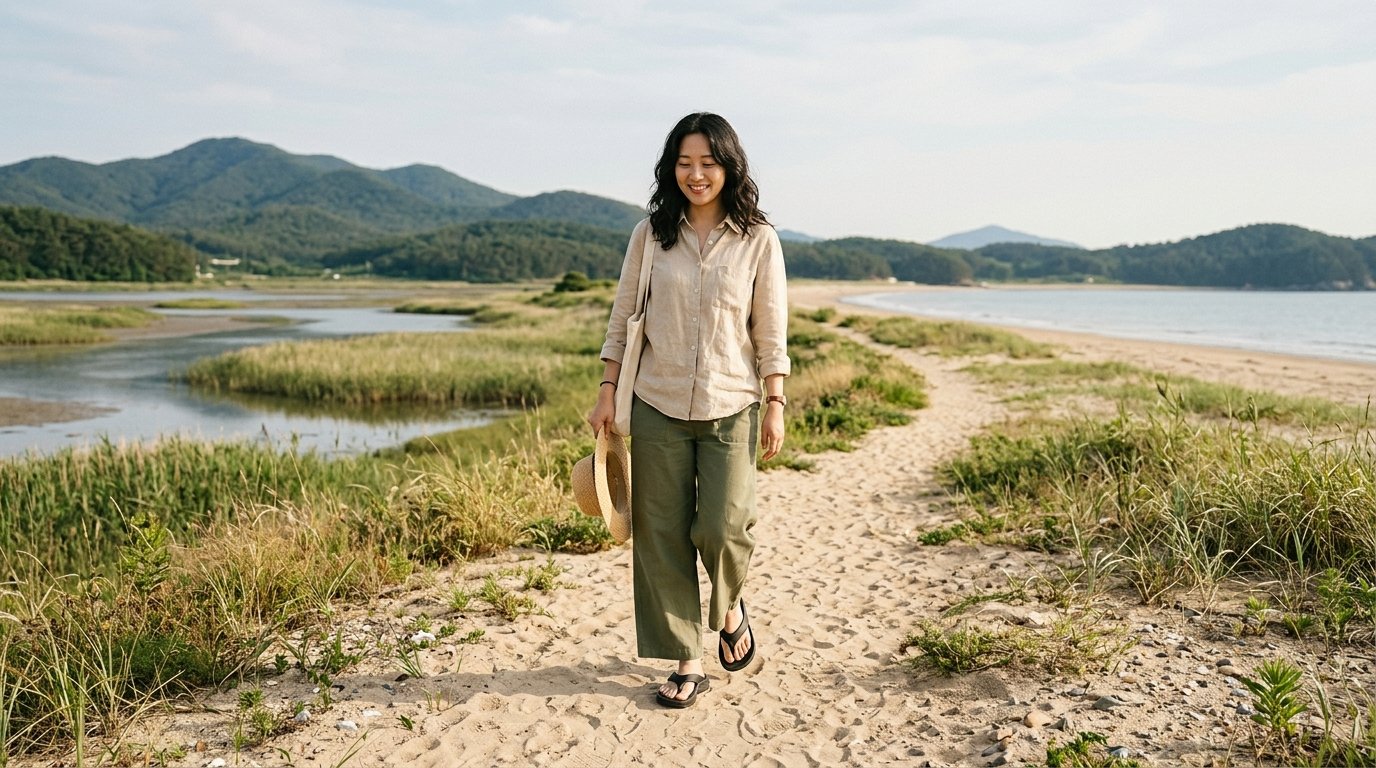 해변가에서 플립플랍을 신은 사람들이 걷고 있습니다.