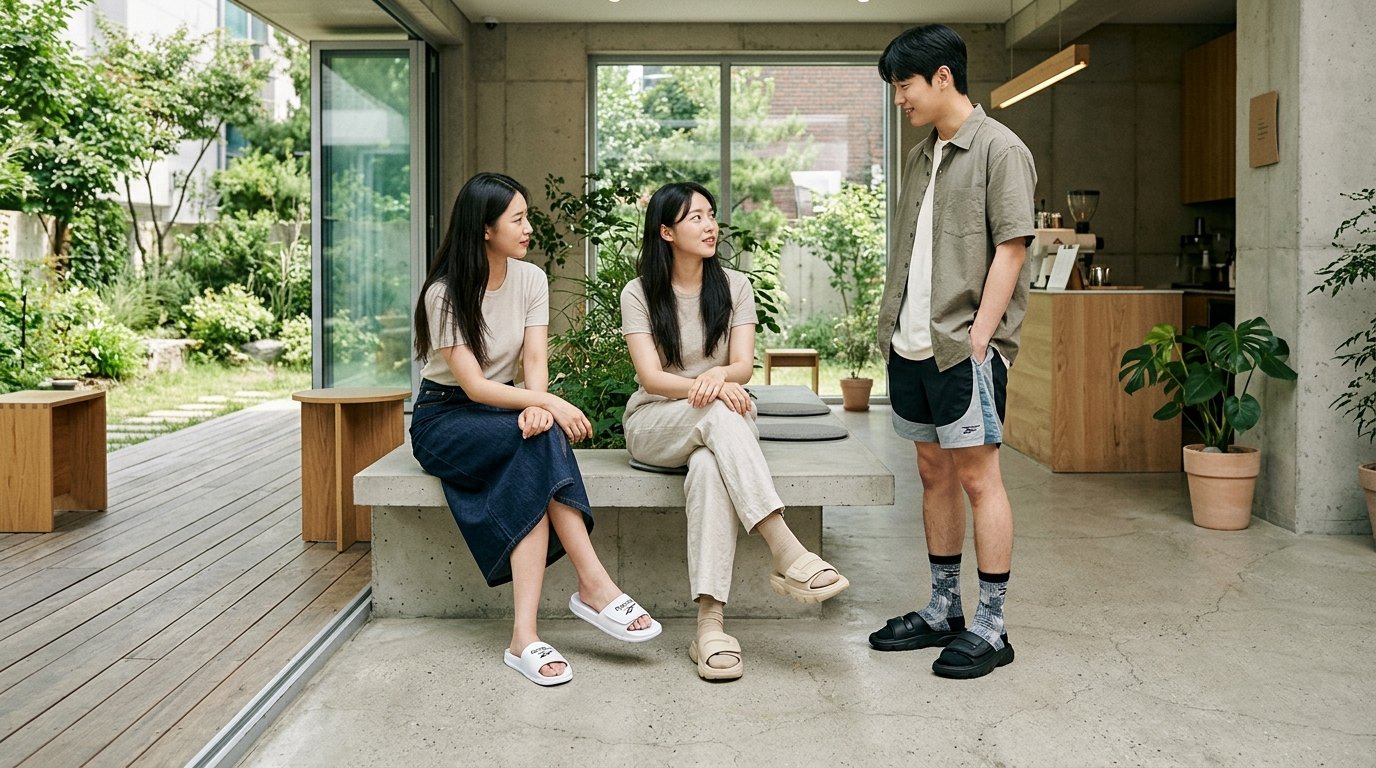 친구들이 해변가에 모여 슬라이드를 신고 있는 모습