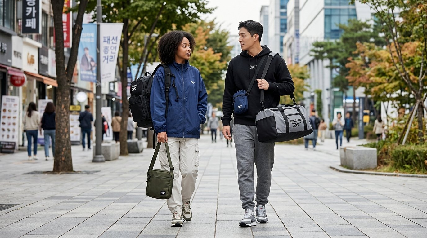 여러 개의 리복 가방이 도심 거리의 벤치 위에 놓여 있습니다.