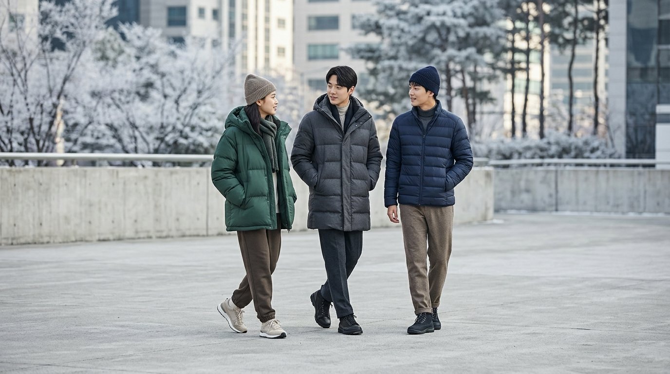 공원에서 리복 다운 점퍼를 입은 사람들이 가을 활동을 즐기는 장면