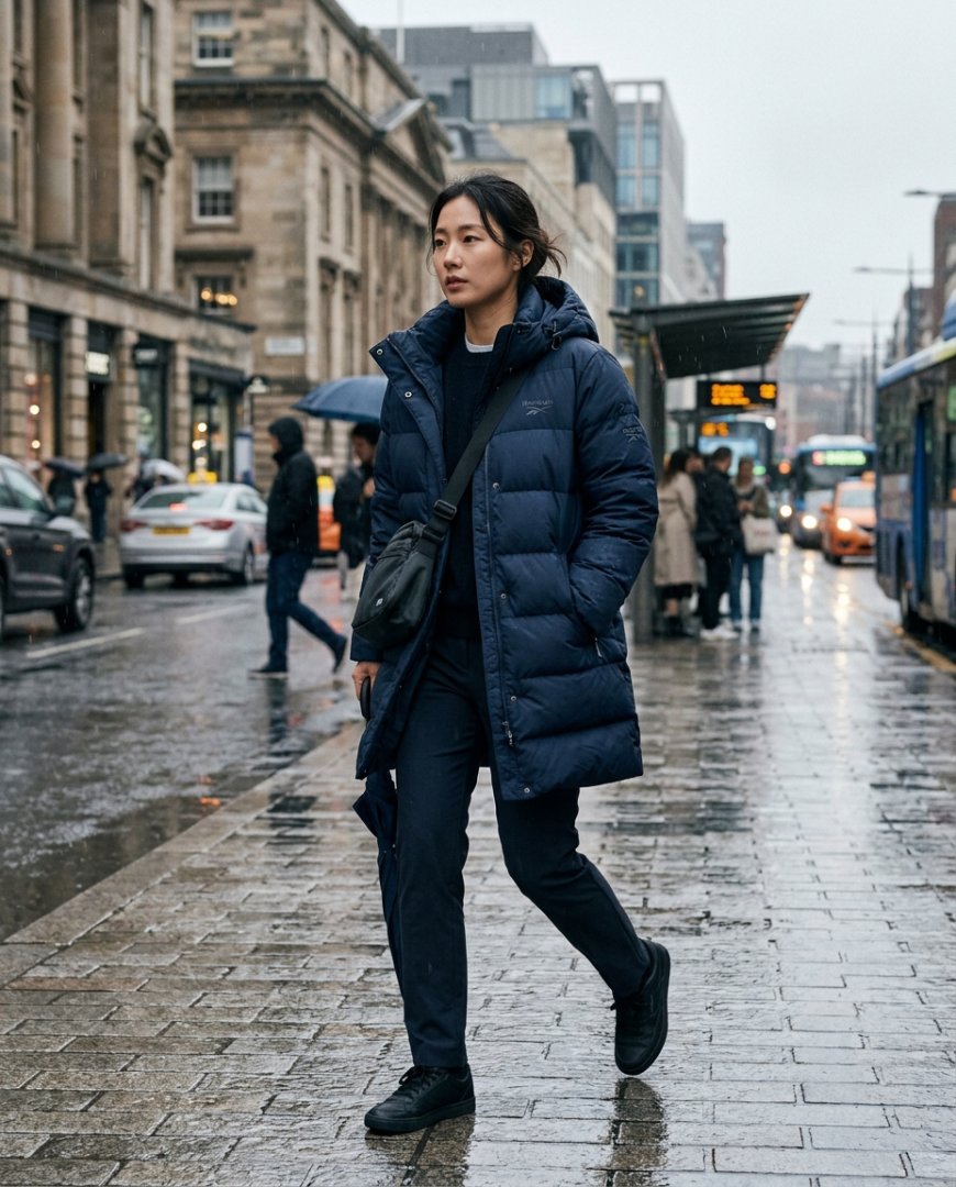 도시 거리에서 리복 다운점퍼를 입고 활보하는 사람