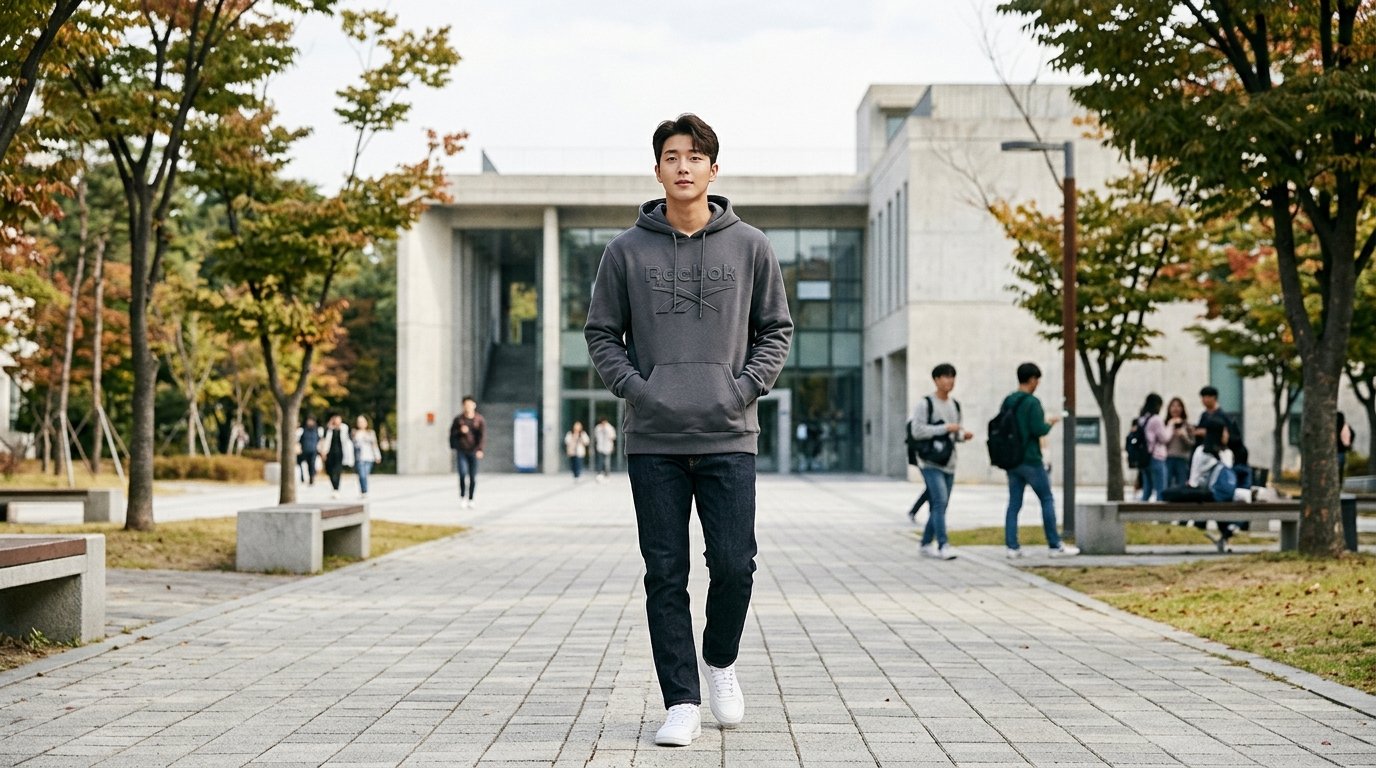 도시 배경의 캐주얼 후드 착장
