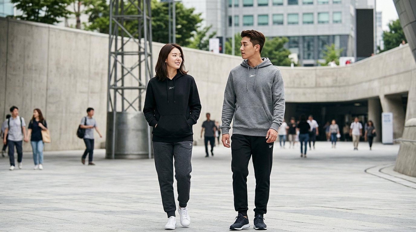 도심 속 여러 사람이 후드티셔츠를 입고 다양한 포즈를 취하고 있는 장면