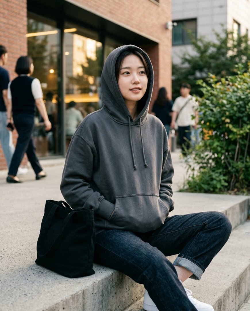 슬랙스와 블랙후드티를 깔끔하게 입은 모습