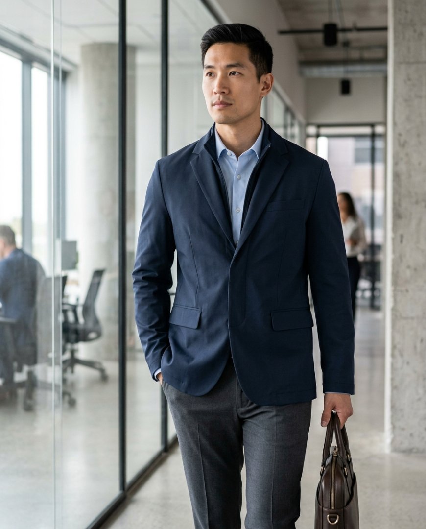 사무실 책상 앞에서 정장 재킷을 착용한 모습
