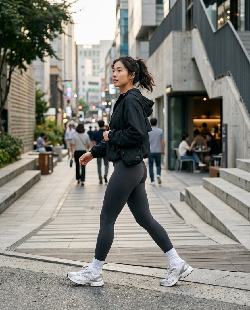 도시 거리에서 니트 스웨터와 리복 레깅스를 입고 걷는 사람.