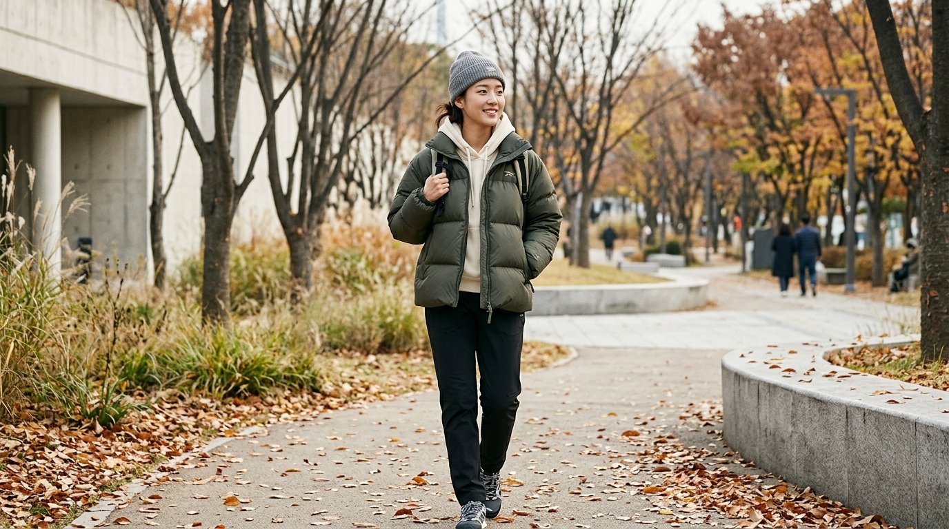 캐주얼한 겨울룩으로 패딩을 입은 모델 모습