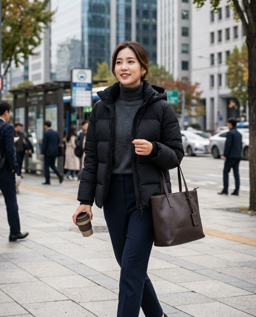 슬랙스와 블랙 패딩을 입고 시내를 걷는 장면