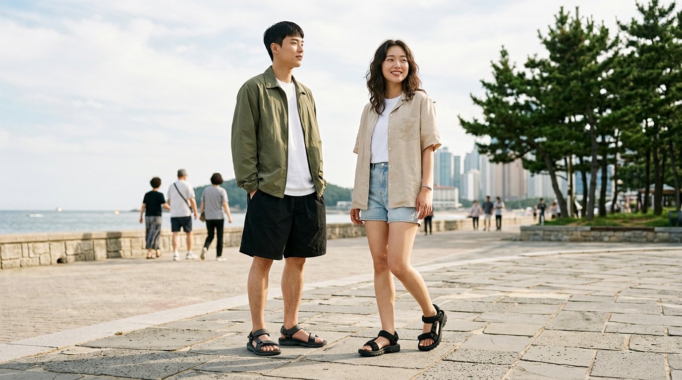 야외 공원에서 캐주얼하게 샌들을 착용한 사람