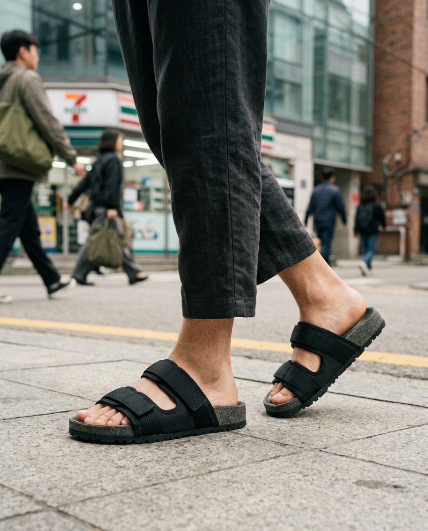 도심 거리에서 슬라이드를 신고 걷는 사람
