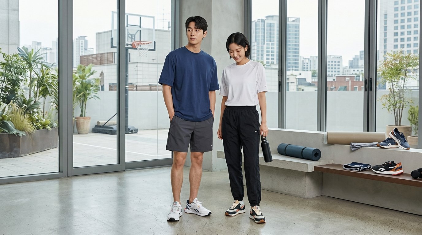 도시 배경 앞 다양한 색상의 반팔티셔츠를 입은 모델들