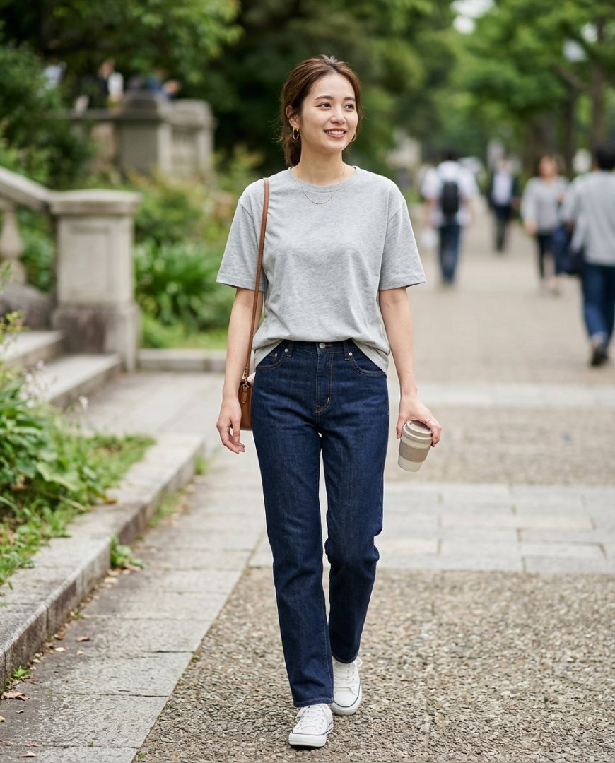 공원 벤치에서 캐주얼 복장을 한 모델