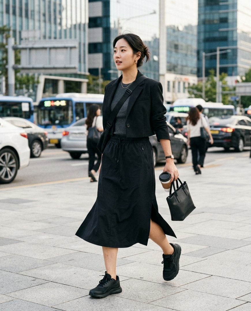 여성이 블랙 스커트와 스니커즈를 신고 도심 공원을 달리는 모습