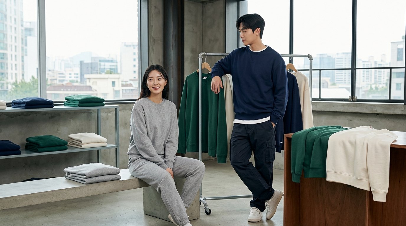 쇼룸에서 다양한 색상의 맨투맨이 디스플레이된 모습