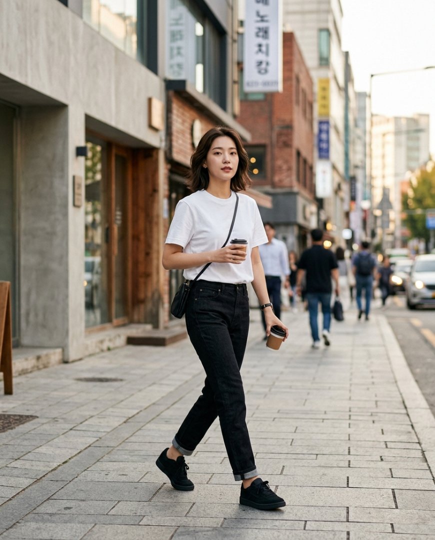 도시 거리에서 네이비 티셔츠와 블랙 데님을 착용한 모습
