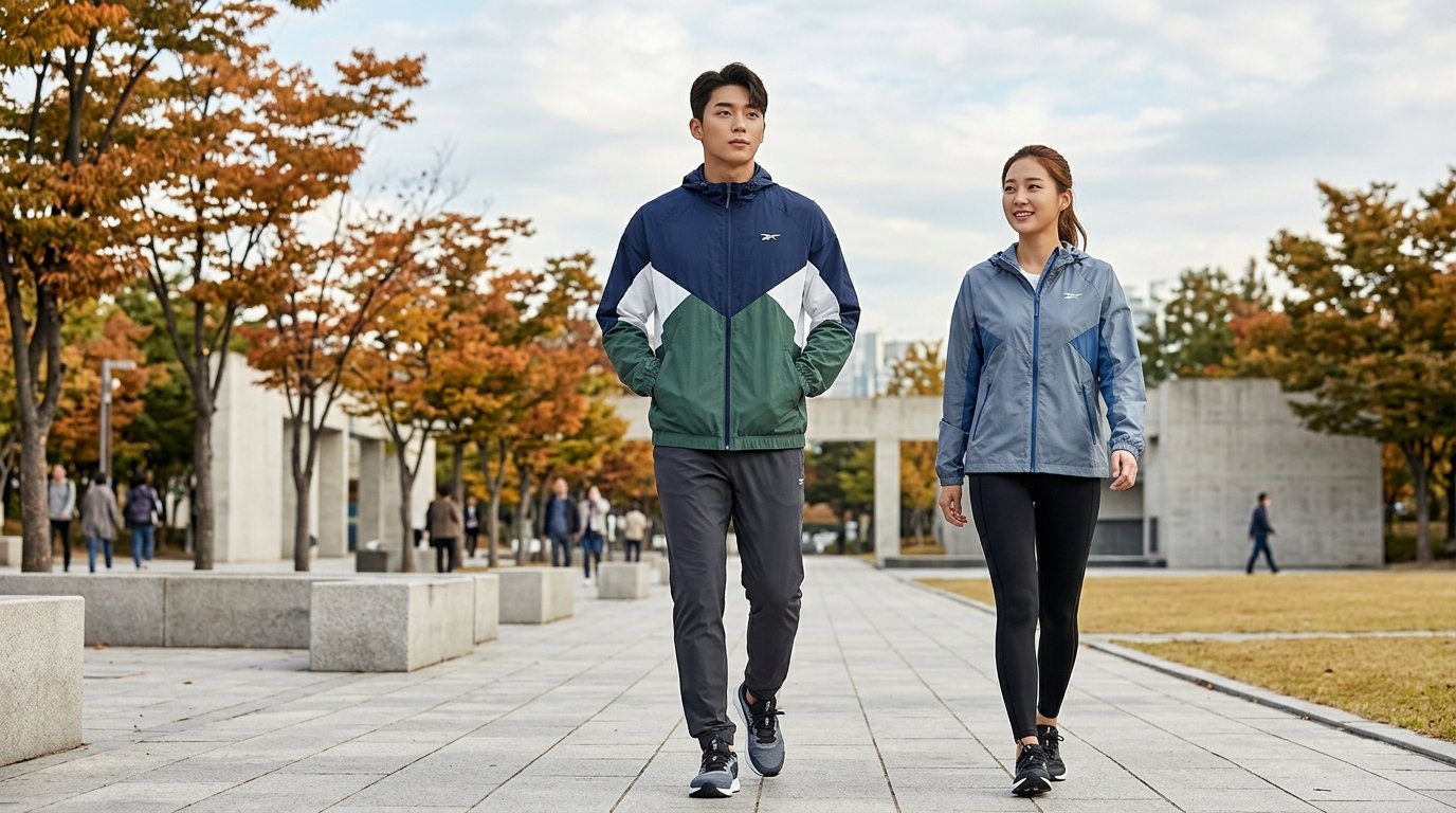 다양한 색상의 바람막이가 도심의 바쁜 거리에 시계에 걸려 있는 모습