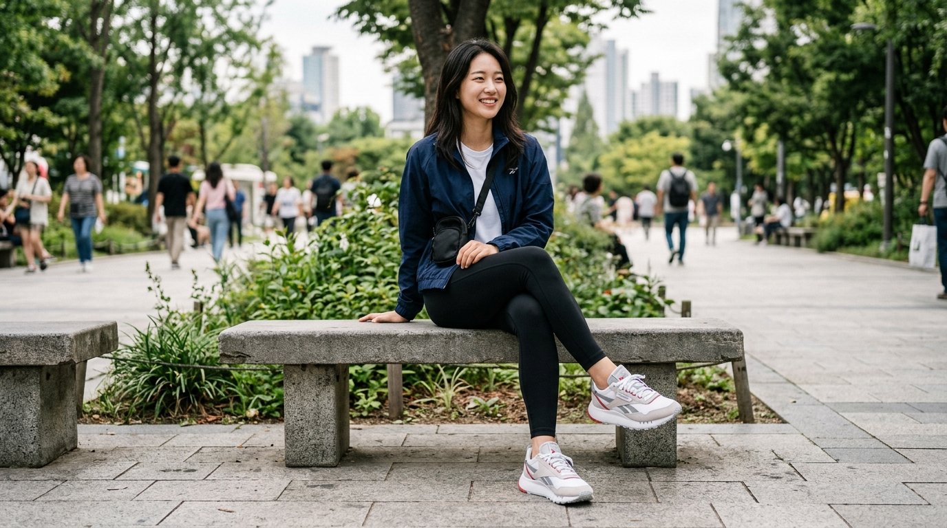 도시 풍경 속의 리복 여성 운동화 착장 장면.
