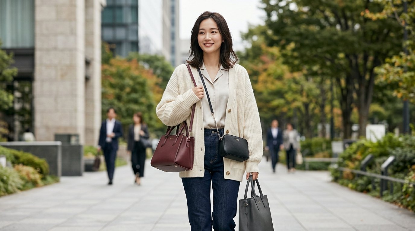여러 개의 가방이 테이블 위에 놓여 있는 모습