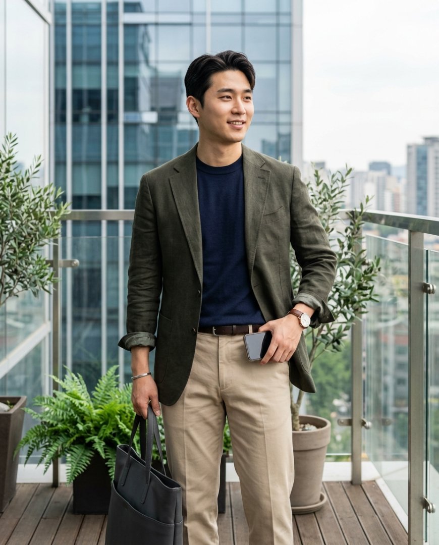 재킷 아래 바버 티셔츠를 입은 남성 모습