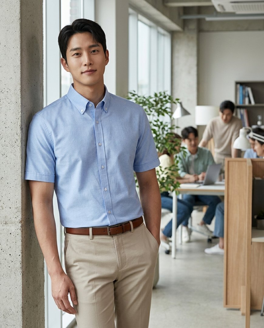 정장 스타일의 반팔 셔츠 착장