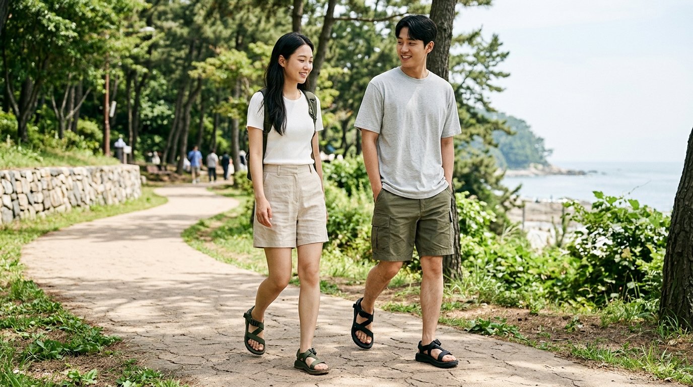 공원 철제 테이블 위에 다양한 샌들이 차곡차곡 놓여 있는 모습