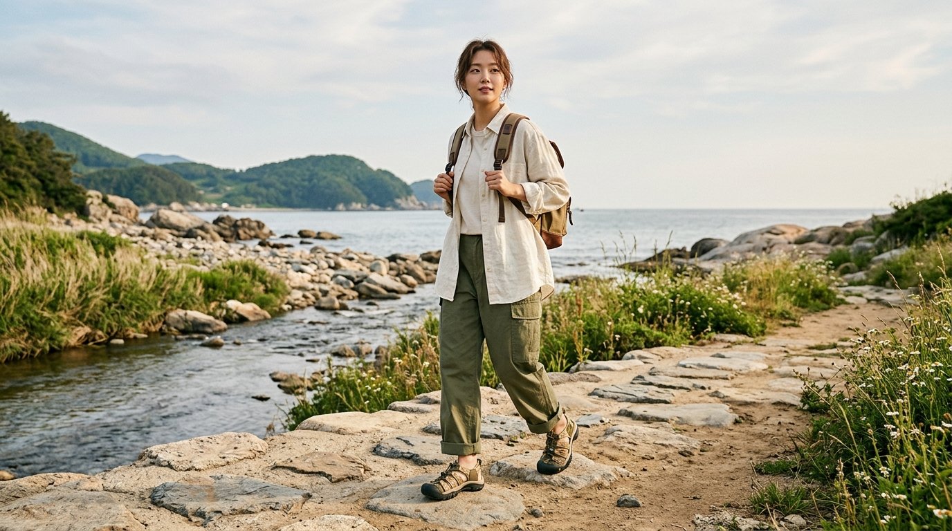 바닷가 모래 위에 놓인 여성 샌들 네 쌍.