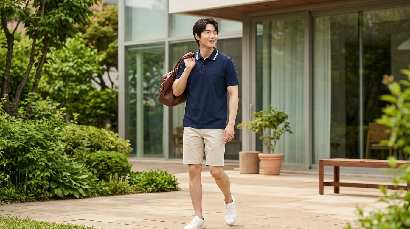 공원에서 캐주얼하게 입은 남성 반팔티셔츠 모습