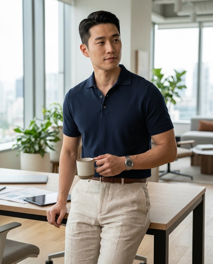 사무실에서 슬랙스와 티셔츠 입은 모습
