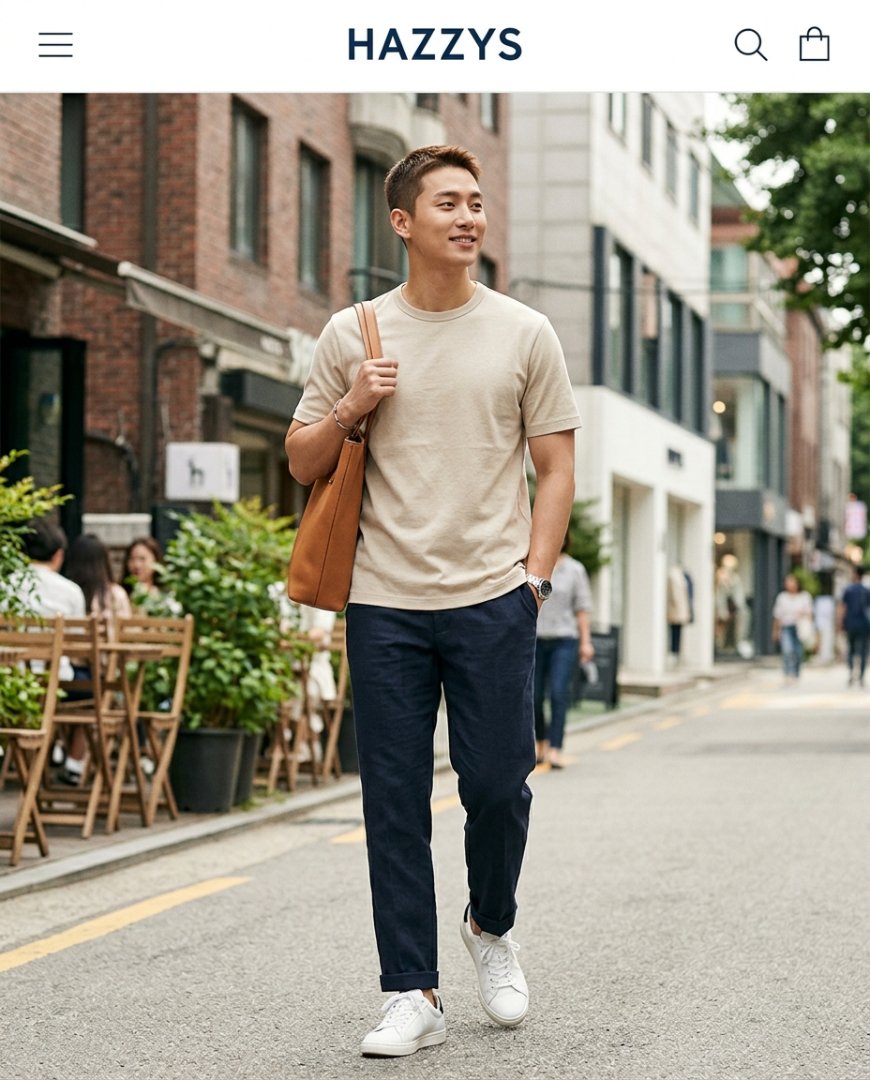 공원에서 치노팬츠와 티셔츠 입은 남성