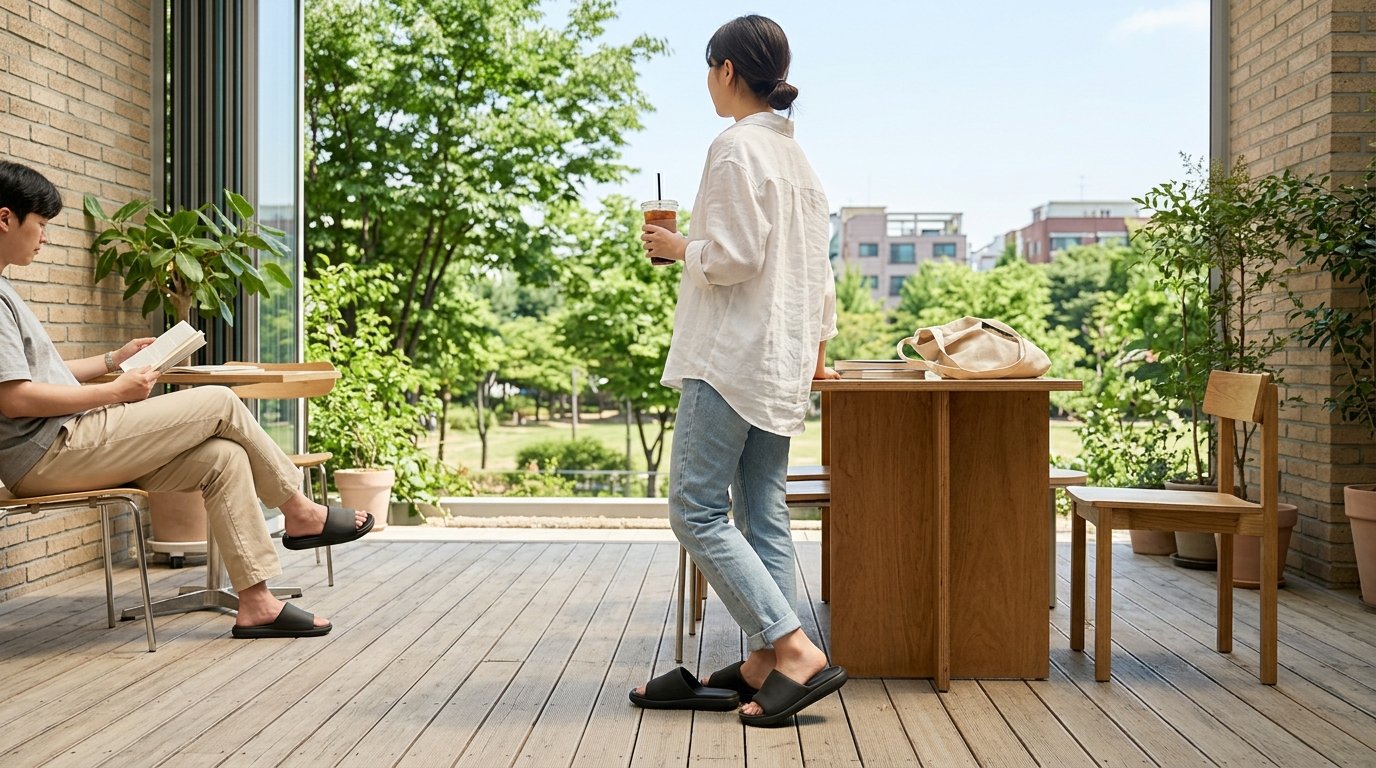 해변 산책로에서 고무 슬라이드를 신은 여성이 걷고 있는 모습