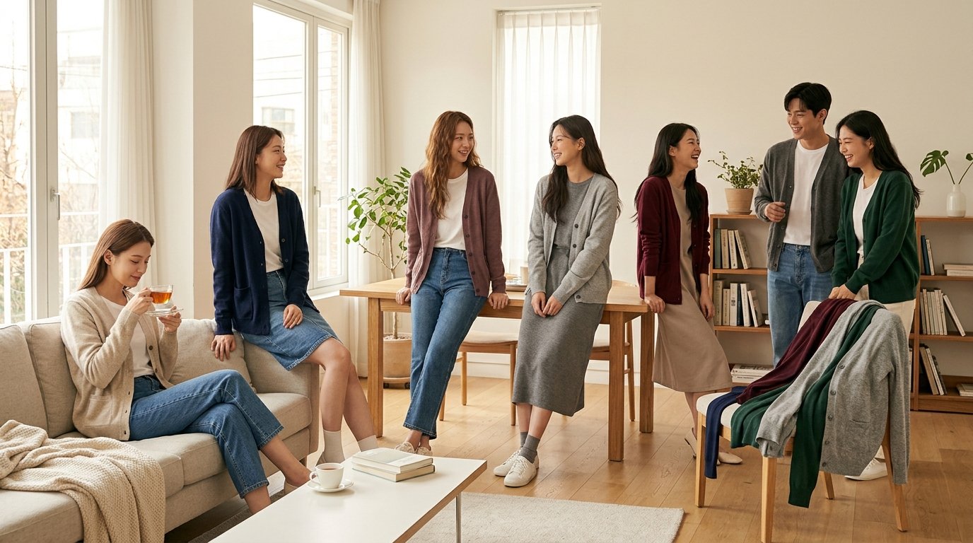 모델이 착장한 다양한 색상의 기본가디건.