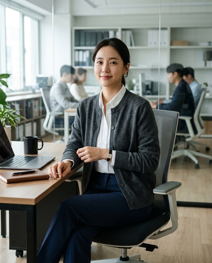 슬랙스와 화이트 셔츠를 입은 모델이 책상 앞에서 포즈를 취하고 있음