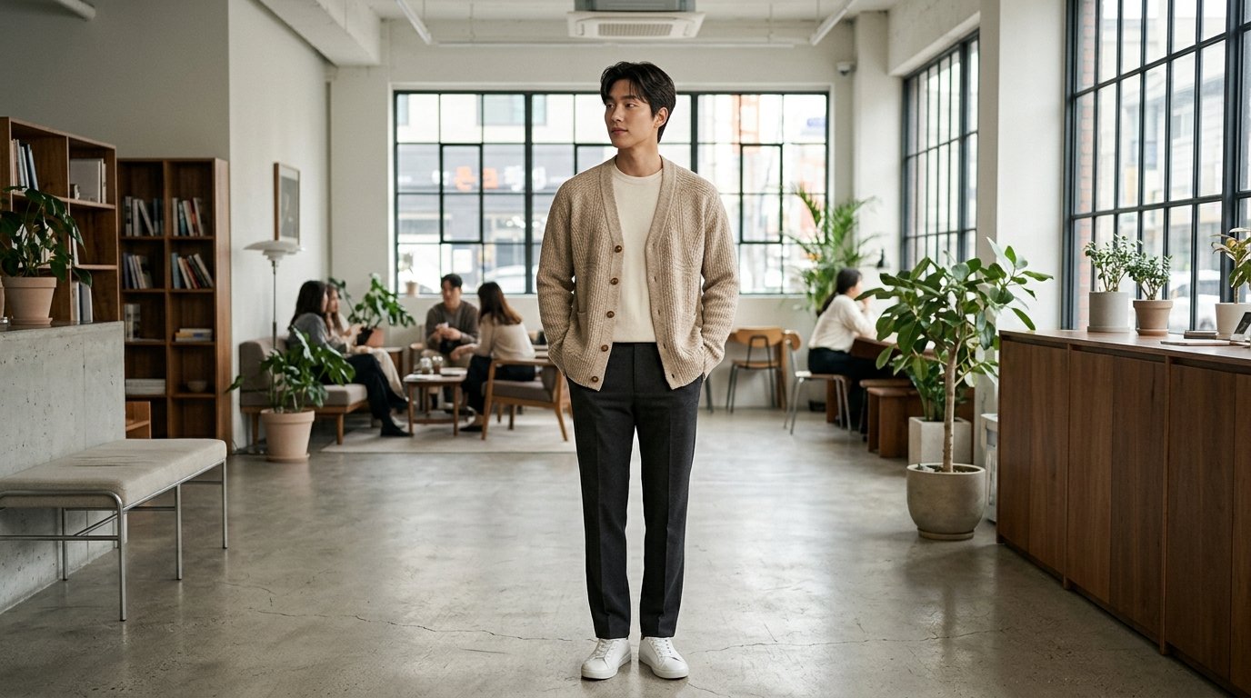 따뜻한 가디건을 입은 모델이 거리에서 걸어가는 모습