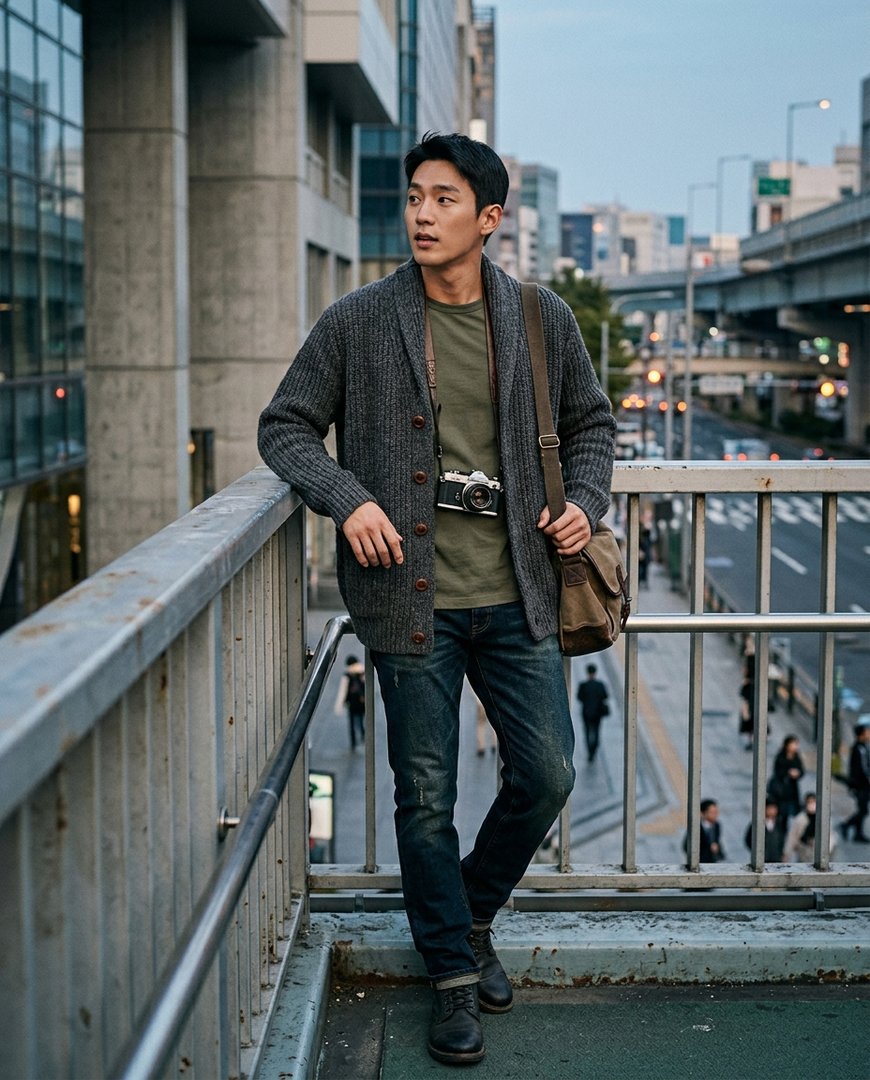 브라운 가디건과 코트를 입고 도시를 탐험하는 사람