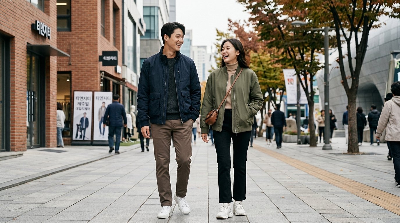 블랙 캐주얼 점퍼와 슬랙스 차림의 모델이 도시에서 걸어가기