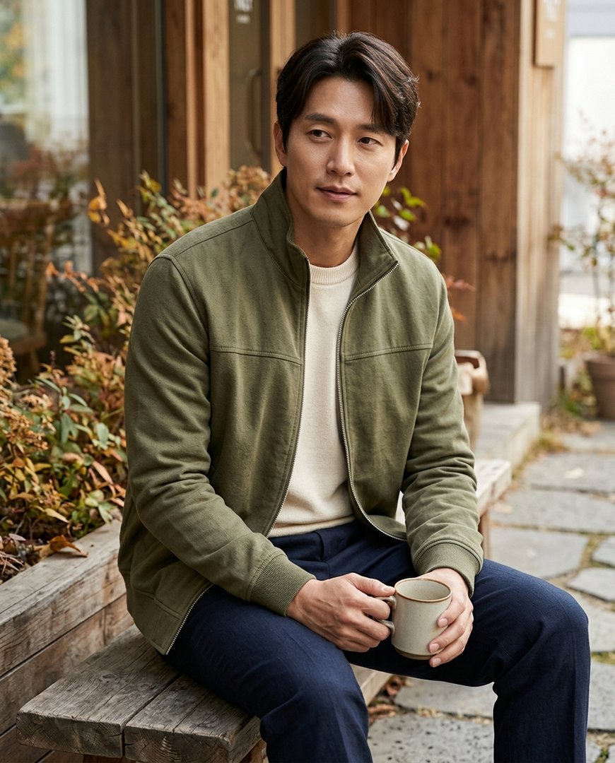 주말 공원에서 브라운 점퍼를 입은 모델이 공원 벤치에 앉아 있는 장면